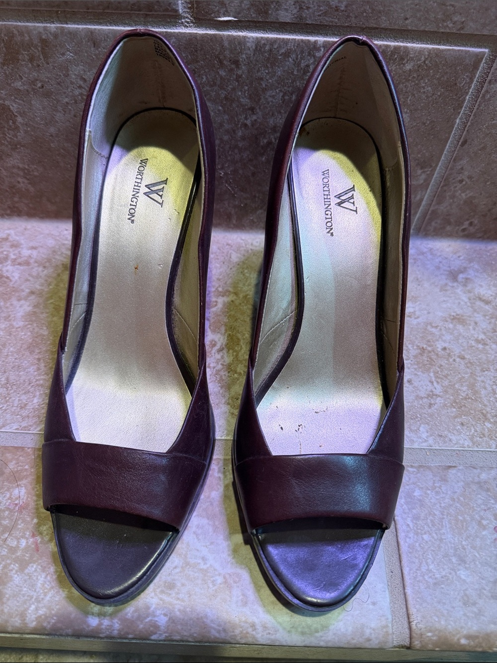 Worthington Women's Open-Toe Pumps in Dark Brown Leather Upper.